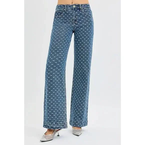 RISEN High Rise Bow Embroidered Details Zip Fly Dark Wash Wide Leg Denim Jeans